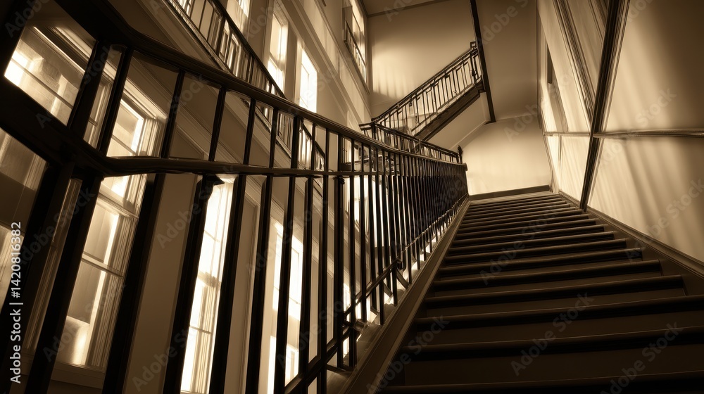 Elegant staircase in a historic building with soft lighting, showcasing architectural beauty Elegant staircase in a historic building with soft lighting, showcasing architectural beauty