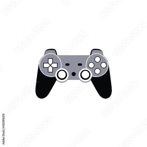 A clean logo a black, geometric gaming controller silhouette on a white background. Symmetrical, balanced design, clean lines. Solid, flat style