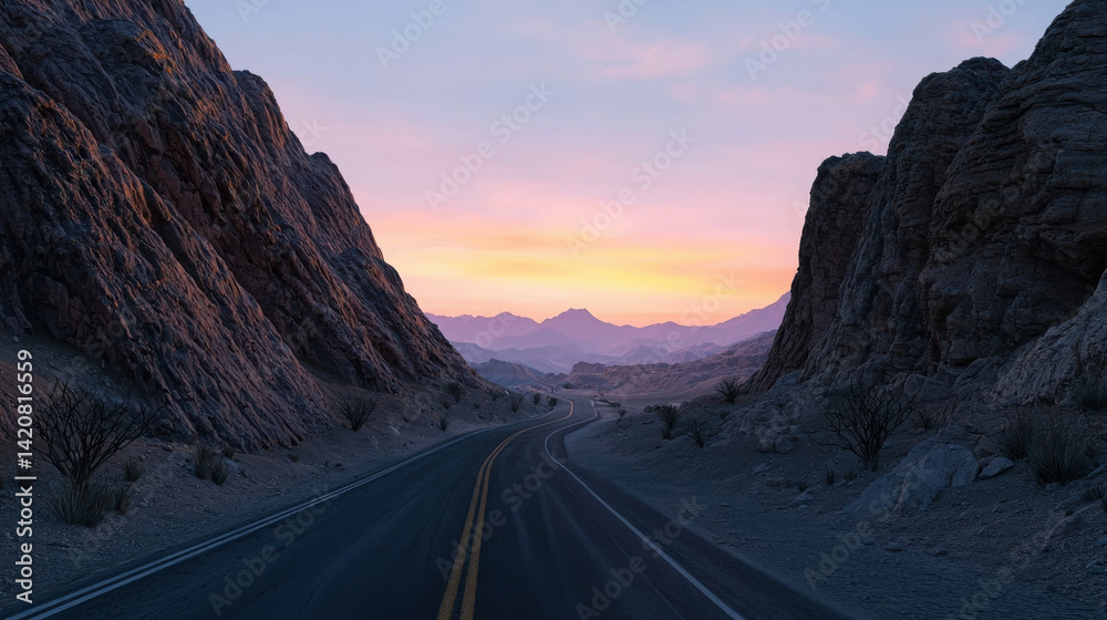 Fototapeta premium Serene Desert Road Surrounded by Majestic Rocky Mountains at Sunset with Vibrant Sky