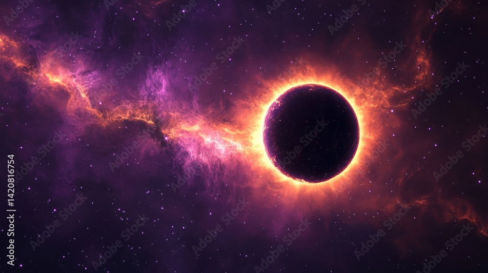 Fototapeta premium Elegant astronomical eclipse banner, vibrant orange corona flare, rich purple space gradient, delicate star particles, dramatic light diffusion, celestial minimalism, professional space visualization