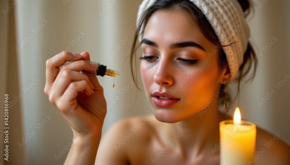 Obraz premium In the soft glow of candlelight, a woman with radiant skin prepares to apply a drop of tea tree oil, a natural remedy renowned for its healing properties Her gentle touch and serene expression