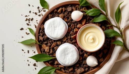 Wallpaper Mural In this visually appealing image, skincare essentials take center stage with a flat lay composition Cotton pads, neatly stacked, alongside a jar of moisturizing cream The wooden plate they rest on Torontodigital.ca