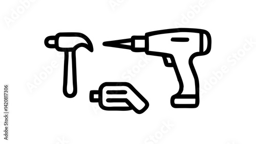 A graphic illustration of a drill, hammer, and wrench, set against a white background.