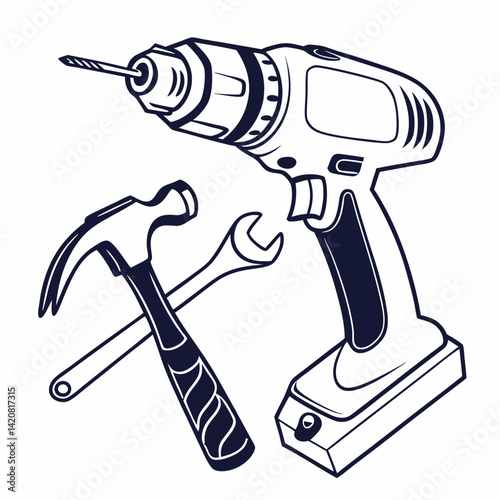 A graphic illustration of a drill, hammer, and wrench, set against a white background.