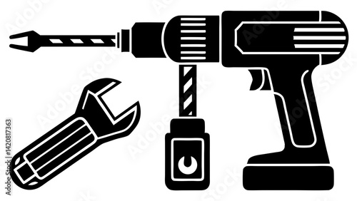 A graphic illustration of a drill, hammer, and wrench, set against a white background.