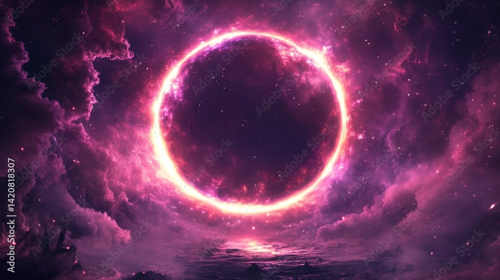 Obraz premium Magical eclipse portal with pulsing neon corona, incandescent light particles, ethereal crescent silhouette, brilliant flare bursts, shimmering star dust, mysterious cosmic gateway, ultra-detailed