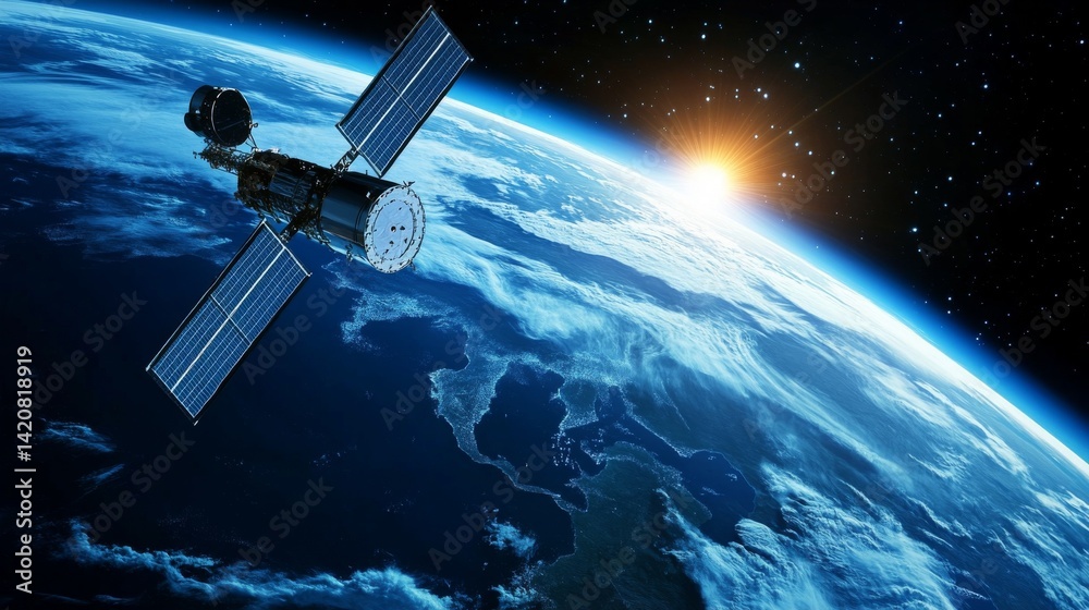 Fototapeta premium Modern satellite silhouetted in space, luminous data transmission beam, curved Earth horizon with blue atmospheric rim, precise technical details, celestial perspective, aerospace engineering