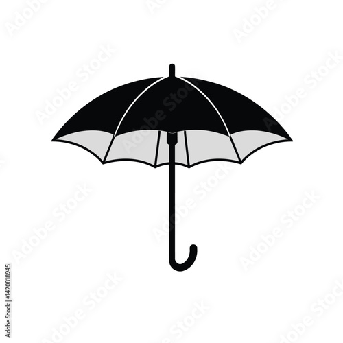 A simple, balanced logo featuring a black umbrella silhouette icon. The curved handle and geometric shapes create a visually appealing and symmetrical design on a white background. Flat vector style