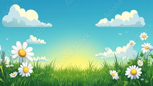 Bright and Cheerful Spring Landscape with Daisies, Green Grass, and Blue Sky Filled with Fluffy Clouds