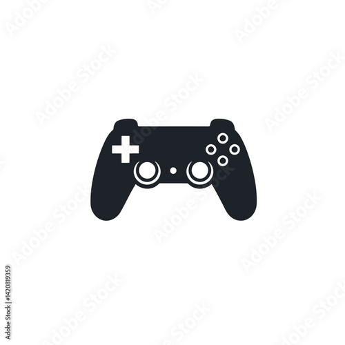 A symmetrical and balanced logo design a black silhouette gaming controller icon, centrally positioned against a white background.