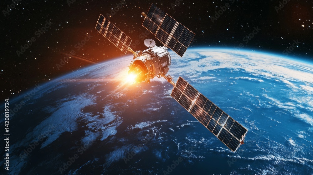 High-orbit satellite transmitting bright signal beam, Earth curvature with atmospheric halo, detailed technological components, solar array panels, stark space environment, professional space High-orbit satellite transmitting bright signal beam, Earth curvature with atmospheric halo, detailed technological components, solar array panels, stark space environment, professional space
