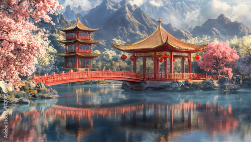 Chinese Traditional Pavilion and Tower with Red Bridge over Serene Lake