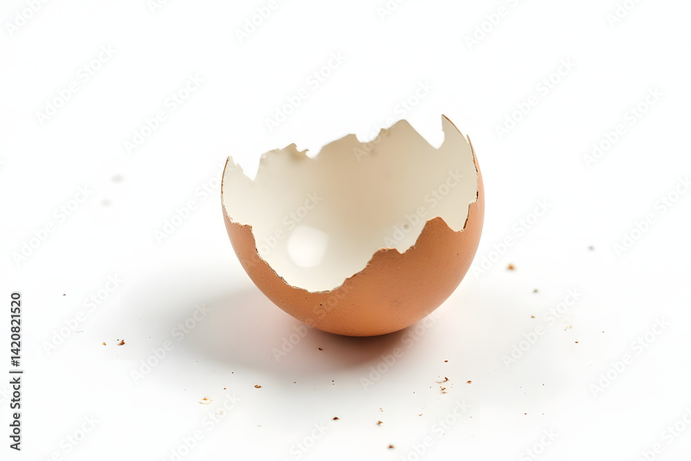 A broken eggshell with dirt smudges, lying like a relic on white. A broken eggshell with dirt smudges, lying like a relic on white.
