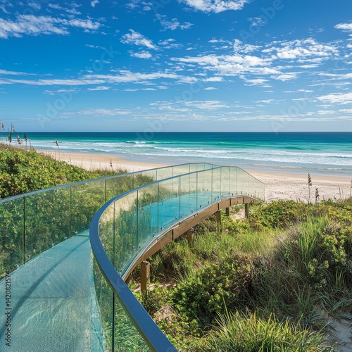 Wallpaper Mural glass footbridge linking lush green dunes to a tranquil beach, under a bright blue sky with gentle waves, creating a peaceful and idyllic coastal landscape Torontodigital.ca