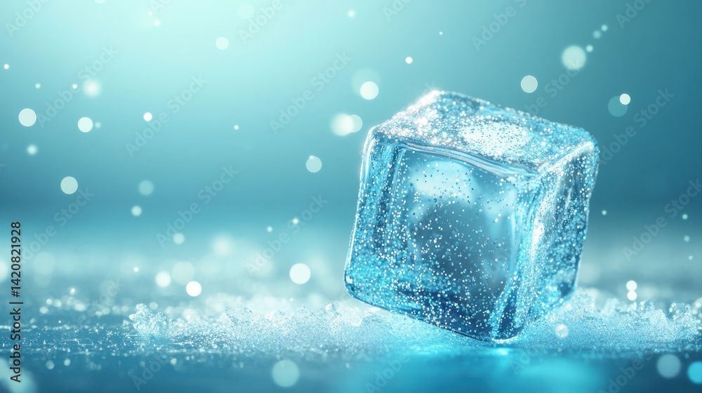 Close-Up of a Single Ice Cube on a Frosted Surface with Sparkling Light and Bokeh Effect in Soft Blue Tone Close-Up of a Single Ice Cube on a Frosted Surface with Sparkling Light and Bokeh Effect in Soft Blue Tone