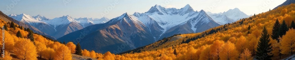Fototapeta premium Golden aspen leaves blanket mountain slopes, crisp air , serene, image, brown