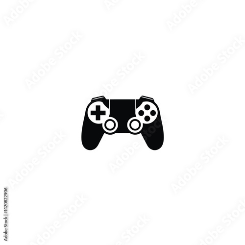 Clean, symmetrical logo design black silhouette gaming controller with buttons, geometric shapes, centered on a white background. Flat design emphasizing visual clarity