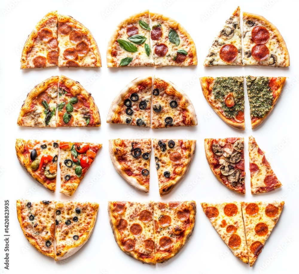 Assorted pizza slices arranged in a grid pattern. Various toppings showcase a diverse range of culinary options Assorted pizza slices arranged in a grid pattern. Various toppings showcase a diverse range of culinary options