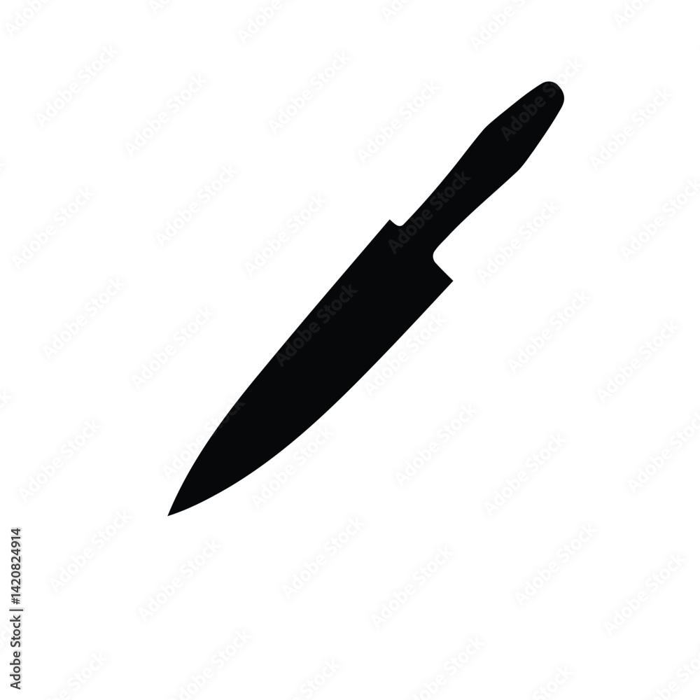 Geometric logo design a centrally placed, solid black silhouette vector kitchen knife icon on a white background. Geometric logo design a centrally placed, solid black silhouette vector kitchen knife icon on a white background.