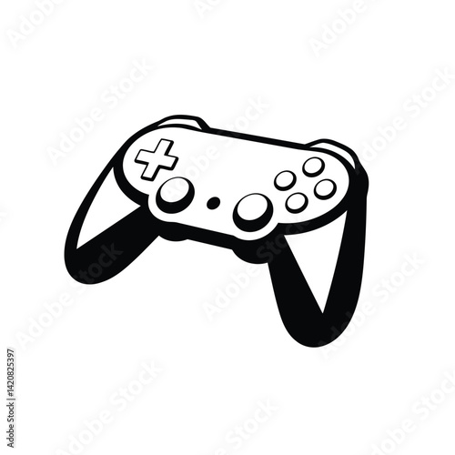 Logo concept a black gaming controller icon silhouette, rendered in geometric shapes and sharp lines, against a pure white background. The design prioritizes balance, symmetry, and clear visual 