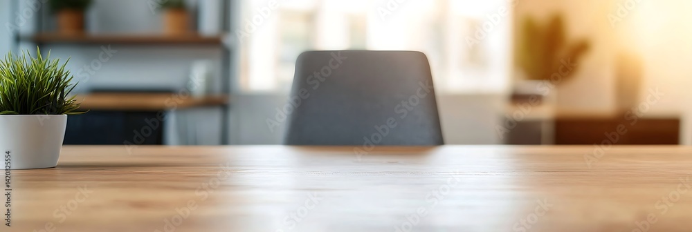 A modern workspace featuring a wooden table, a minimalist chair, and a potted plant, creating a serene atmosphere for productivity. A modern workspace featuring a wooden table, a minimalist chair, and a potted plant, creating a serene atmosphere for productivity.