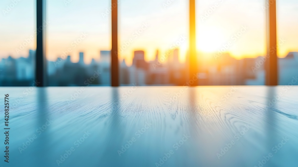 Fototapeta premium A serene view of a sun setting over a city skyline, seen through large windows with a focus on a smooth wooden table in the foreground.