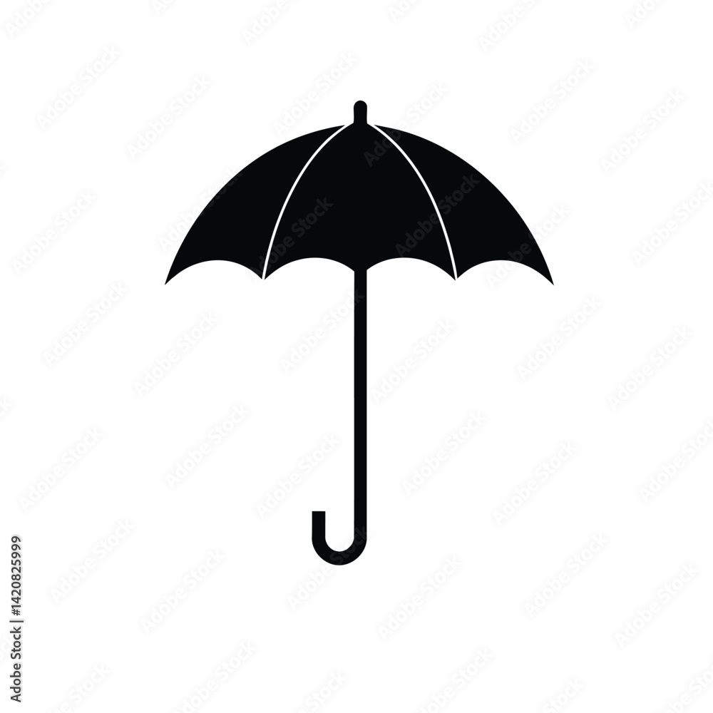Logo design A black umbrella silhouette vector icon, featuring a curved handle, centered on a white background. Geometric shapes create a balanced and symmetrical flat design Logo design A black umbrella silhouette vector icon, featuring a curved handle, centered on a white background. Geometric shapes create a balanced and symmetrical flat design