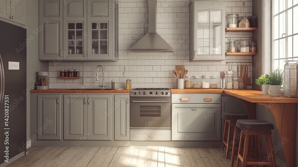 Fototapeta premium Rustic, light-filled kitchen with gray cabinets.