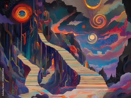 Cosmic stairway to dreams otherworldly architecture meets ethereal skyscape