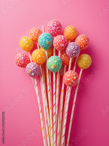 Retro taffy candies on sticks, or global network visual metaphor, on bright pink background.
