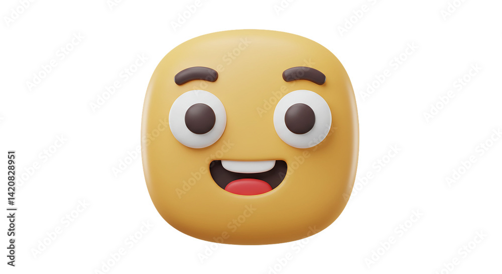 Fototapeta premium Cheerful yellow smiley face emoji icon in 3D isolated on white background, perfect for online reactions, friendly responses, messaging apps, and positive emotional communication