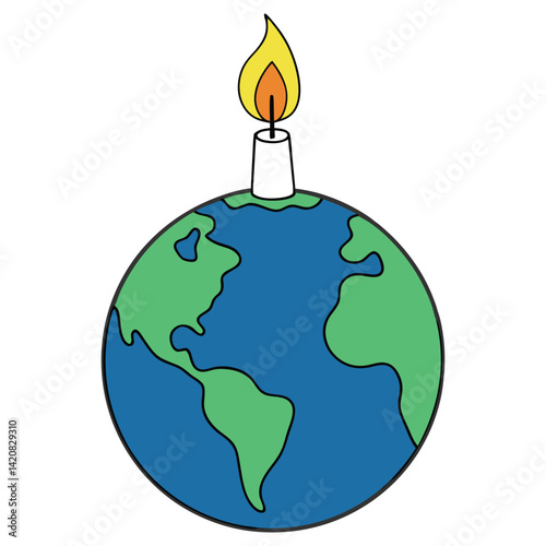 Cartoon Earth globe with a burning candle sitting on top of the planet