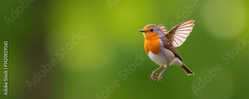 Tiny European Robin, wings outstretched, hovering mid-air,  feather,  branch,  nature