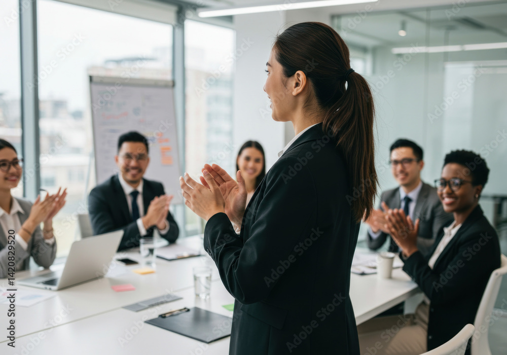 Woman in business suit clapping at meeting table. Woman in business suit clapping at meeting table.