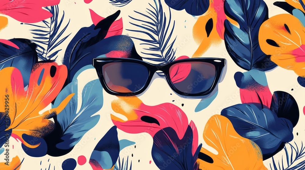 Obraz premium Sunglasses are displayed on a background of tropical leaves