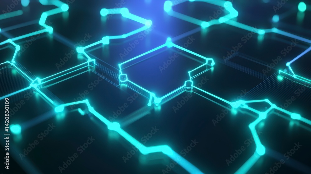 Obraz premium Abstract glowing teal network pattern on dark background.