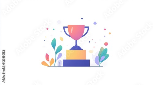 A colorful illustration of a trophy on a pedestal surrounded by leaves and confetti.