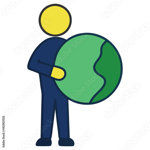Cartoon Figure with Yellow Head Holding Green Earth Sphere, Isolated on White