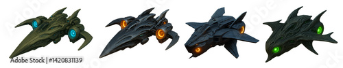 Alien spaceships with glowing lights and futuristic design for science fiction game or interstellar battle concept