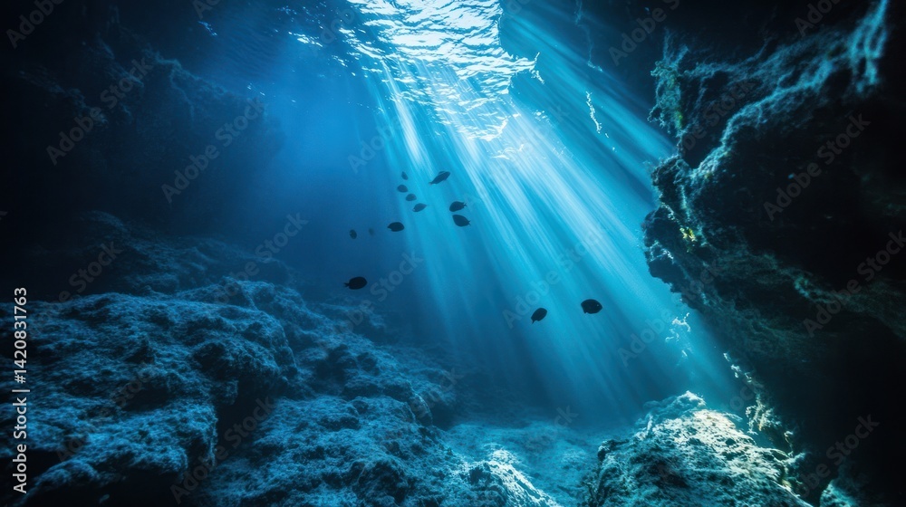 Underwater paradise: Sunbeams illuminate the depths of a tranquil ocean cave Underwater paradise: Sunbeams illuminate the depths of a tranquil ocean cave