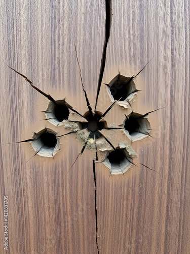 A cluster of five bullet holes on a wooden surface, with splintered wood fibers and deep cracks radiating from each point, showing signs of a recent shootout