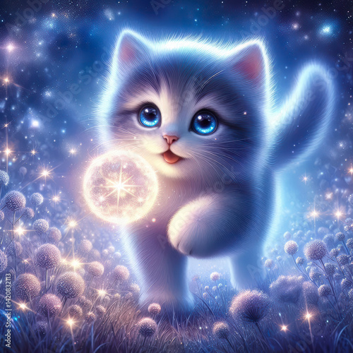 Magical Kitten in a Starry Night Meadow: Fantasy Art, Cute Cat, Dreamy Illustration, Celestial Background