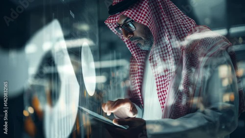 A business executive in Saudi Arabia is looking at a tablet to analyze the market.