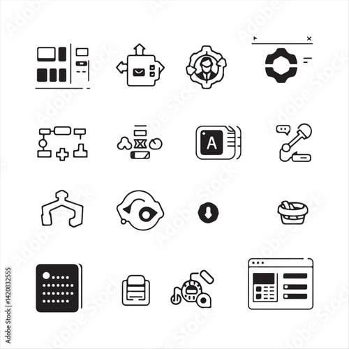 Classic black and white flat icon set representing no-code and low-code platforms. Icons include drag and drop builder, automation workflow, API integration, webhook, and visual editor. Modern SaaS