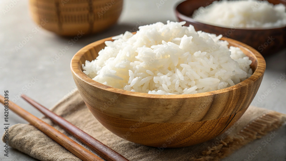 Cooked White Rice in Wooden Bowl with Chopsticks on Beige Cloth Napkin, Highlighting Staple Cuisine Simplicity and Cozy Dining Experience, Perfect for Minimalist Food Photography Themes Cooked White Rice in Wooden Bowl with Chopsticks on Beige Cloth Napkin, Highlighting Staple Cuisine Simplicity and Cozy Dining Experience, Perfect for Minimalist Food Photography Themes