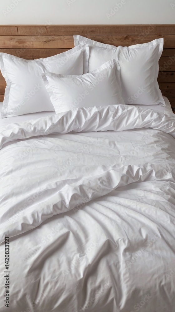 Obraz premium Snow-white bed linen is neatly laid out on two pillows lying on top of a duvet on a white background. Front view close-up photo. Suitable for mockups.