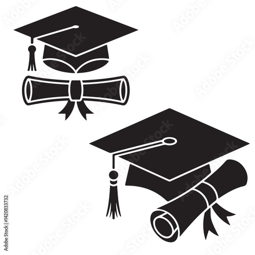 set of vector graduation hat with diploma, Education cap, Graduation student black cap with academic degree certificate silhouettes