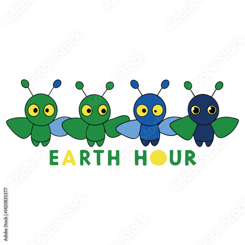 Cartoonish Green and Blue Caterpillar Illustrations with Earth Hour Text on White
