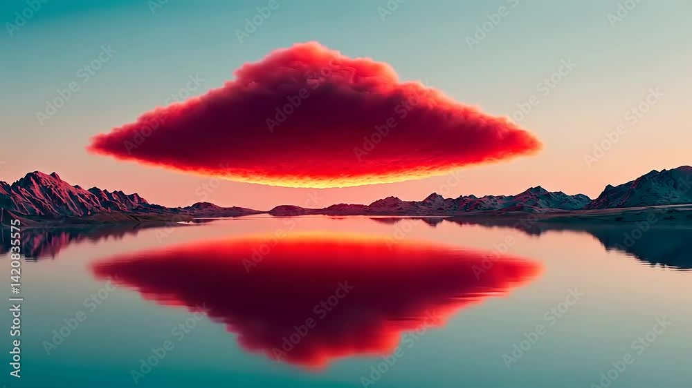 Red cloud over mirrored lake, mountain landscape.