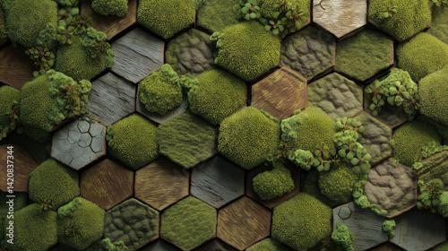 Green Moss And Plant-Covered Geometric Hexagonal Pattern